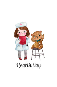 水彩绘世界健康日女孩和玩偶熊矢量图