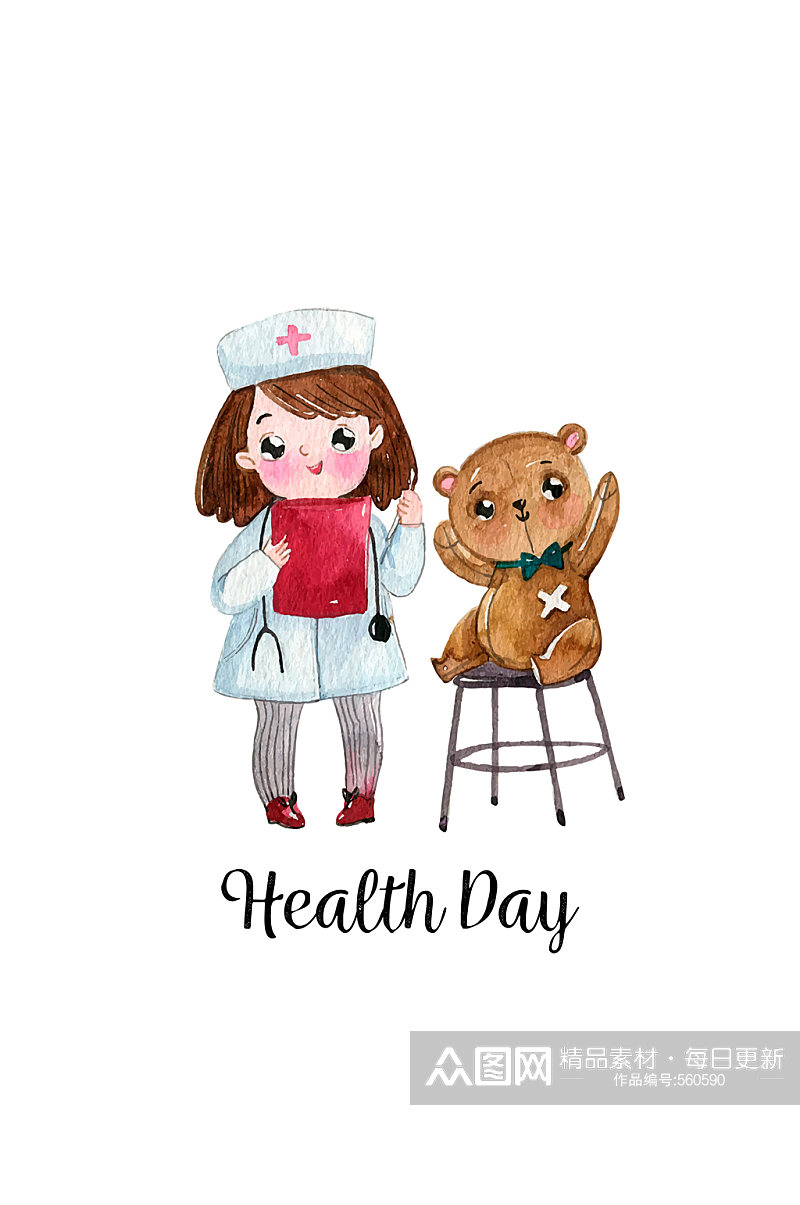水彩绘世界健康日女孩和玩偶熊矢量图素材