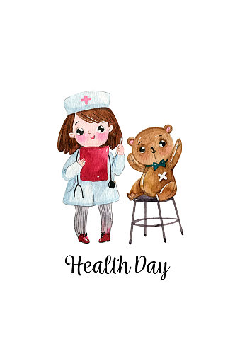 水彩绘世界健康日女孩和玩偶熊矢量图