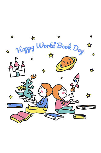 彩绘世界图书日男孩和女孩矢量图