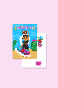 卡通墨西哥女子明信片格式正反面矢量图