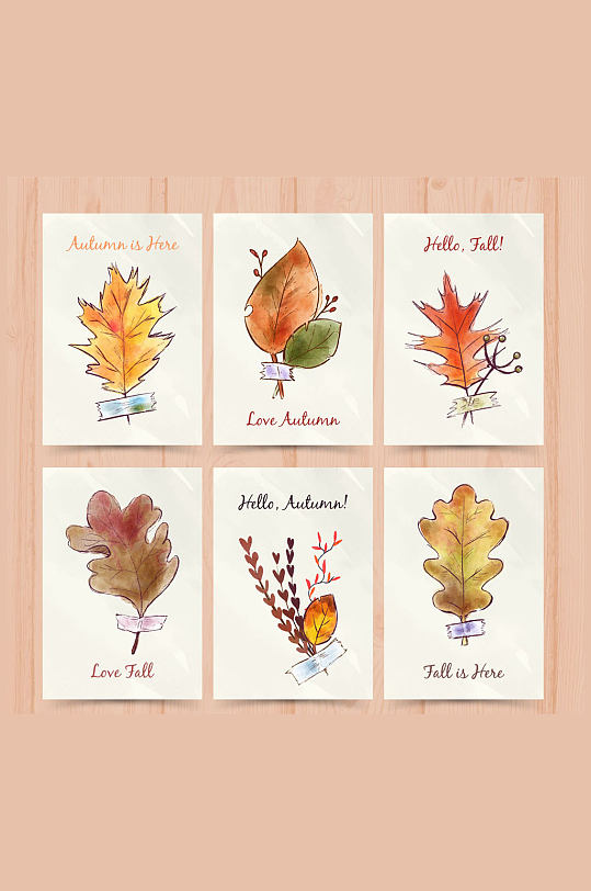 6款彩绘树叶书签卡片矢量素材