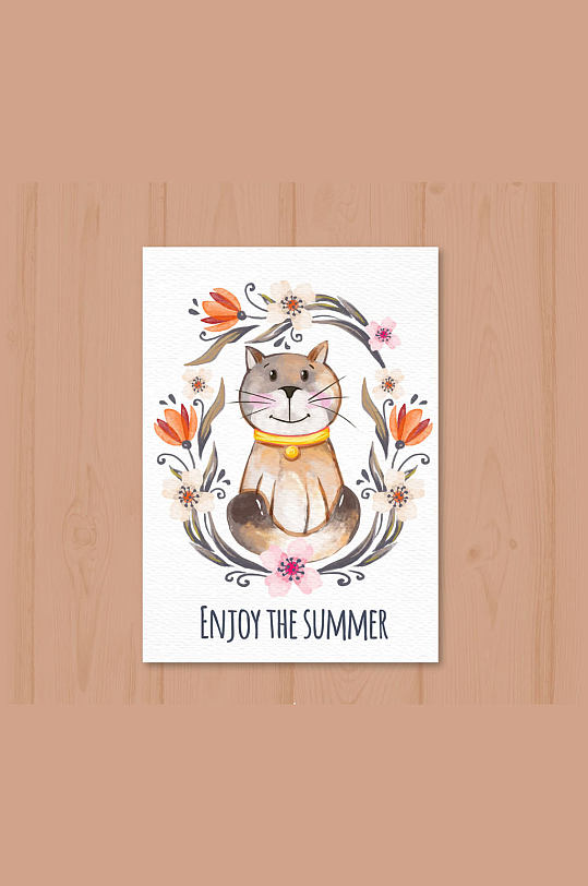 彩绘夏季猫咪和花卉卡片矢量图