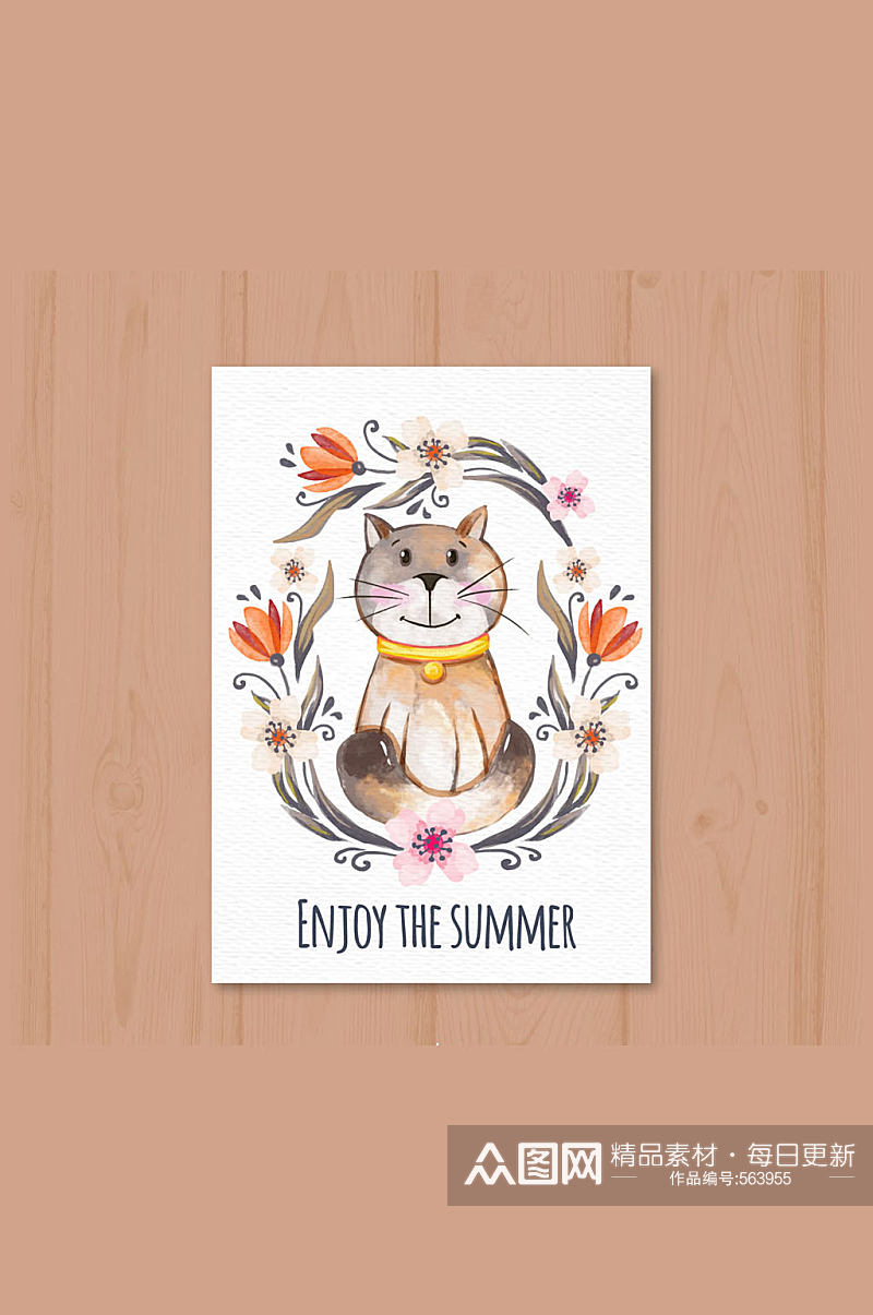 彩绘夏季猫咪和花卉卡片矢量图素材