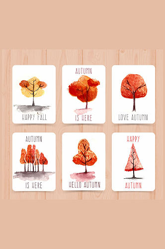 6款水彩绘秋季树木卡片矢量素材
