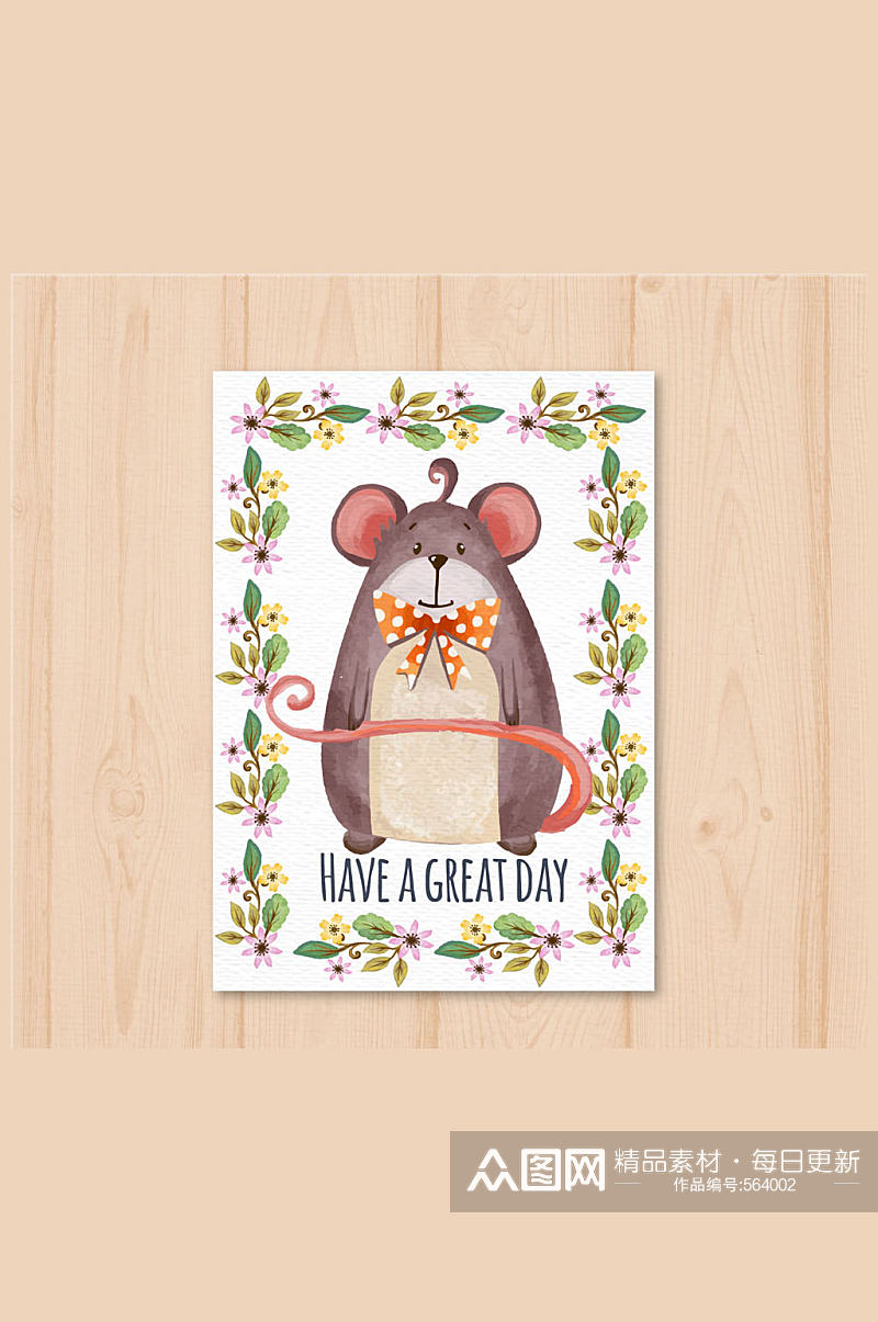 彩绘老鼠和花卉卡片矢量素材素材