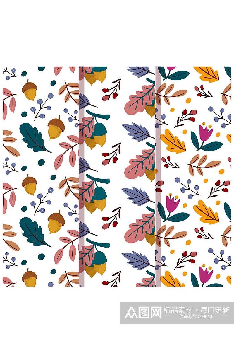 3款彩色秋季树叶和花卉无缝背景矢量图素材