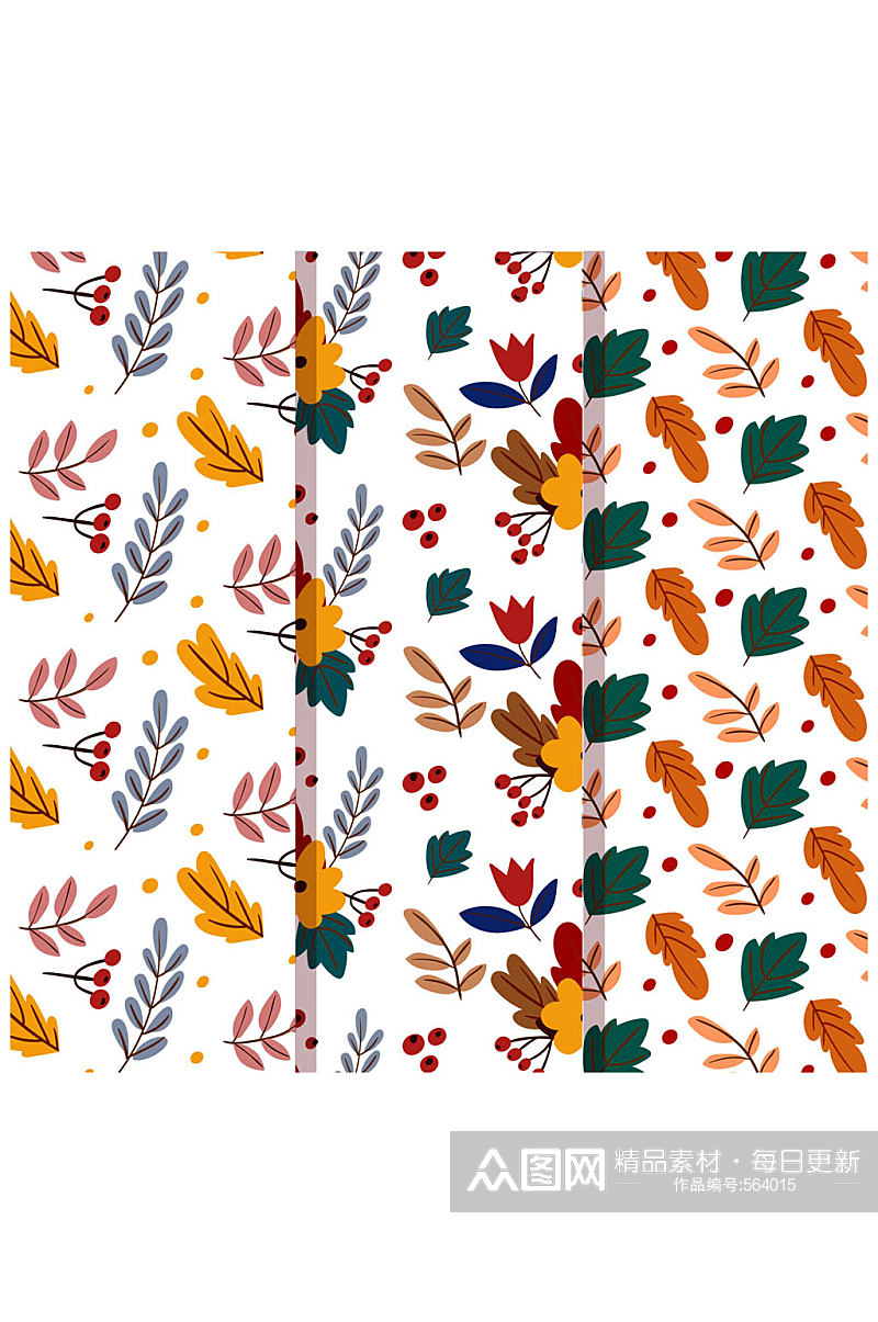 3款彩色秋季树叶和浆果无缝背景矢量图素材