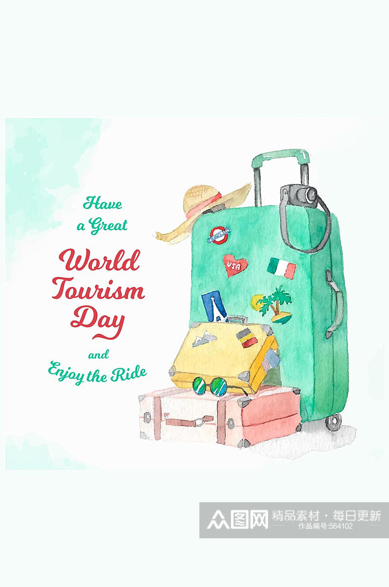 彩绘世界旅游日行李箱矢量图素材