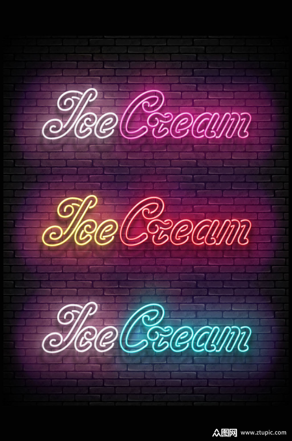 3款彩色雪糕霓虹灯艺术字矢量素材