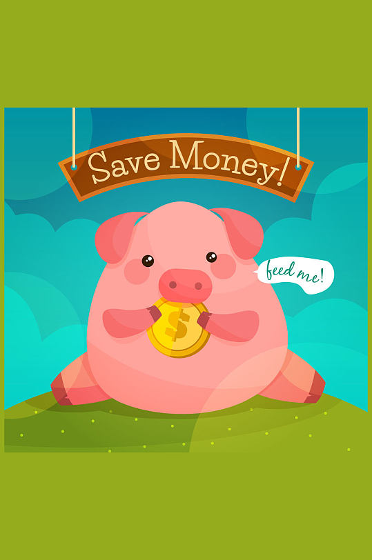 卡通粉色吃金币的储蓄罐猪矢量图