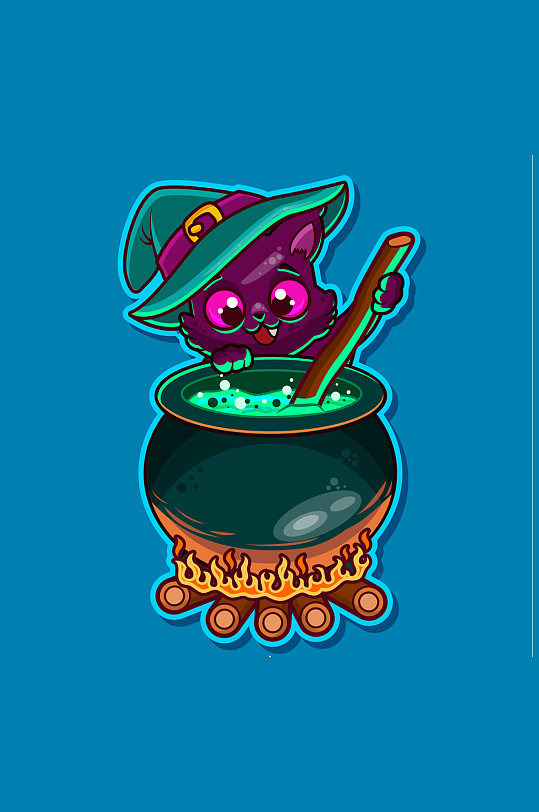 卡通熬魔法药水的黑猫矢量素材