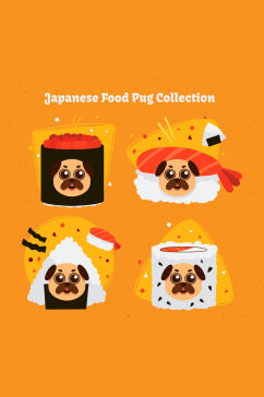 4款创意日本料理装扮巴哥犬矢量素材