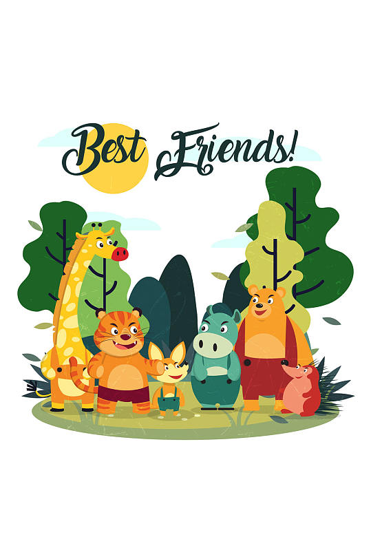 卡通笑脸森林动物矢量素材