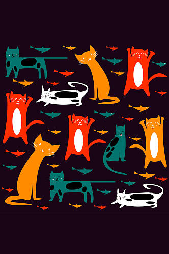 彩色猫咪和小鱼无缝背景矢量图