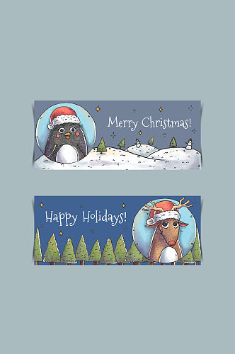 2款彩绘圣诞动物banner矢量素材