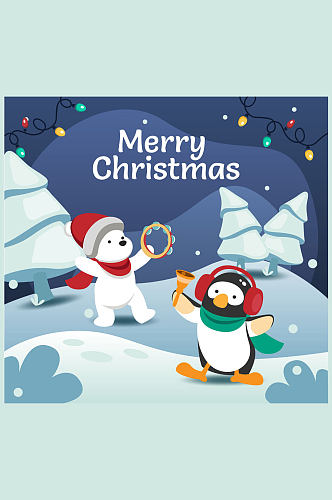 可爱圣诞节北极熊和企鹅矢量图