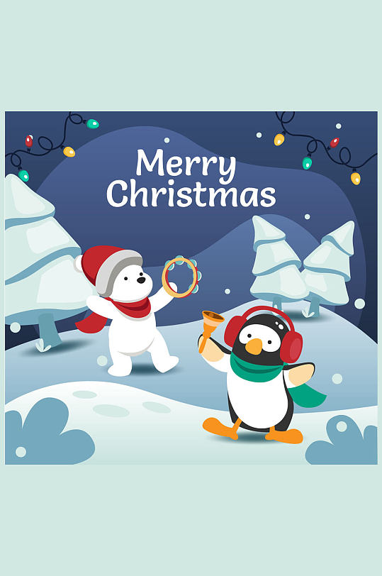 可爱圣诞节北极熊和企鹅矢量图
