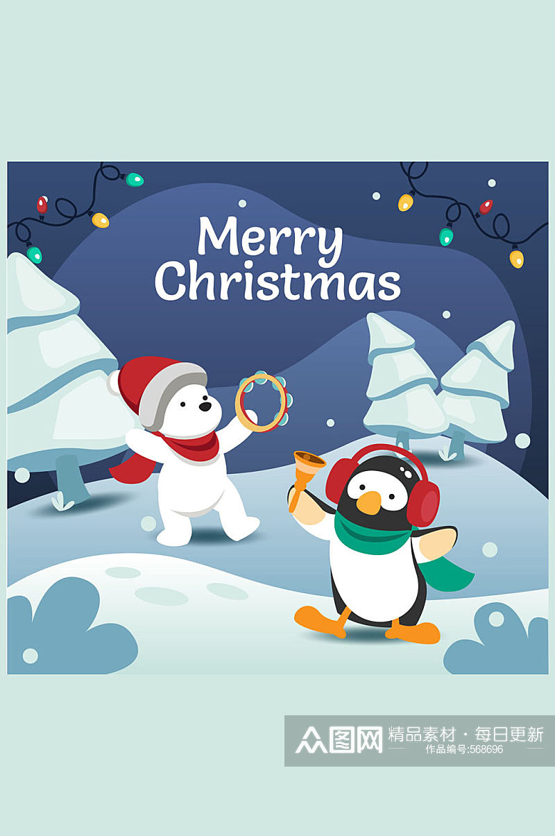 可爱圣诞节北极熊和企鹅矢量图素材