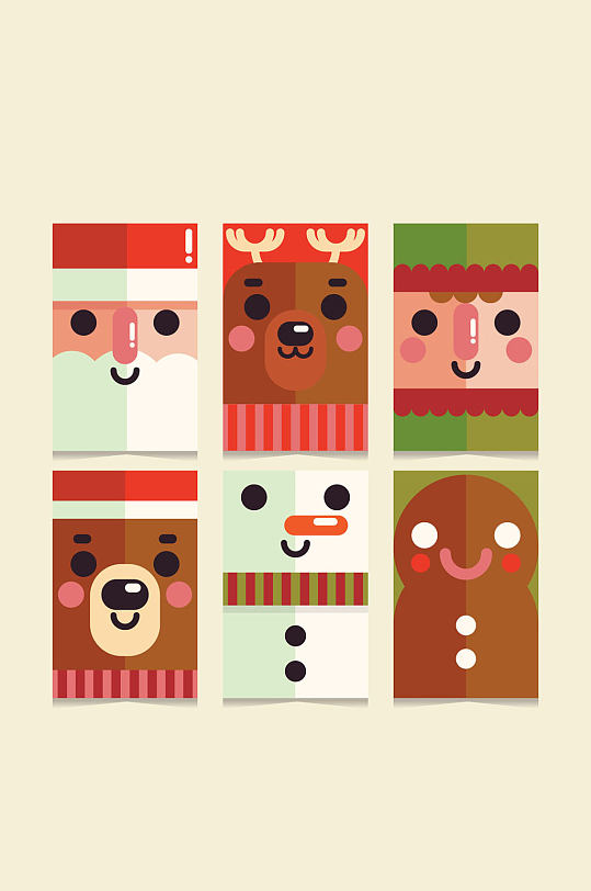 6款扁平化圣诞角色头像卡片矢量图