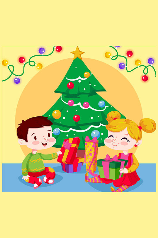 卡通客厅圣诞树旁的2个孩子矢量素材