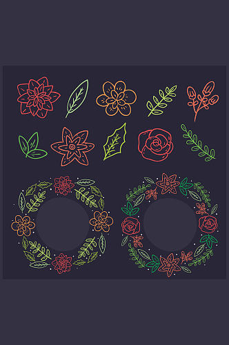 2款彩绘花环和10款植物矢量图