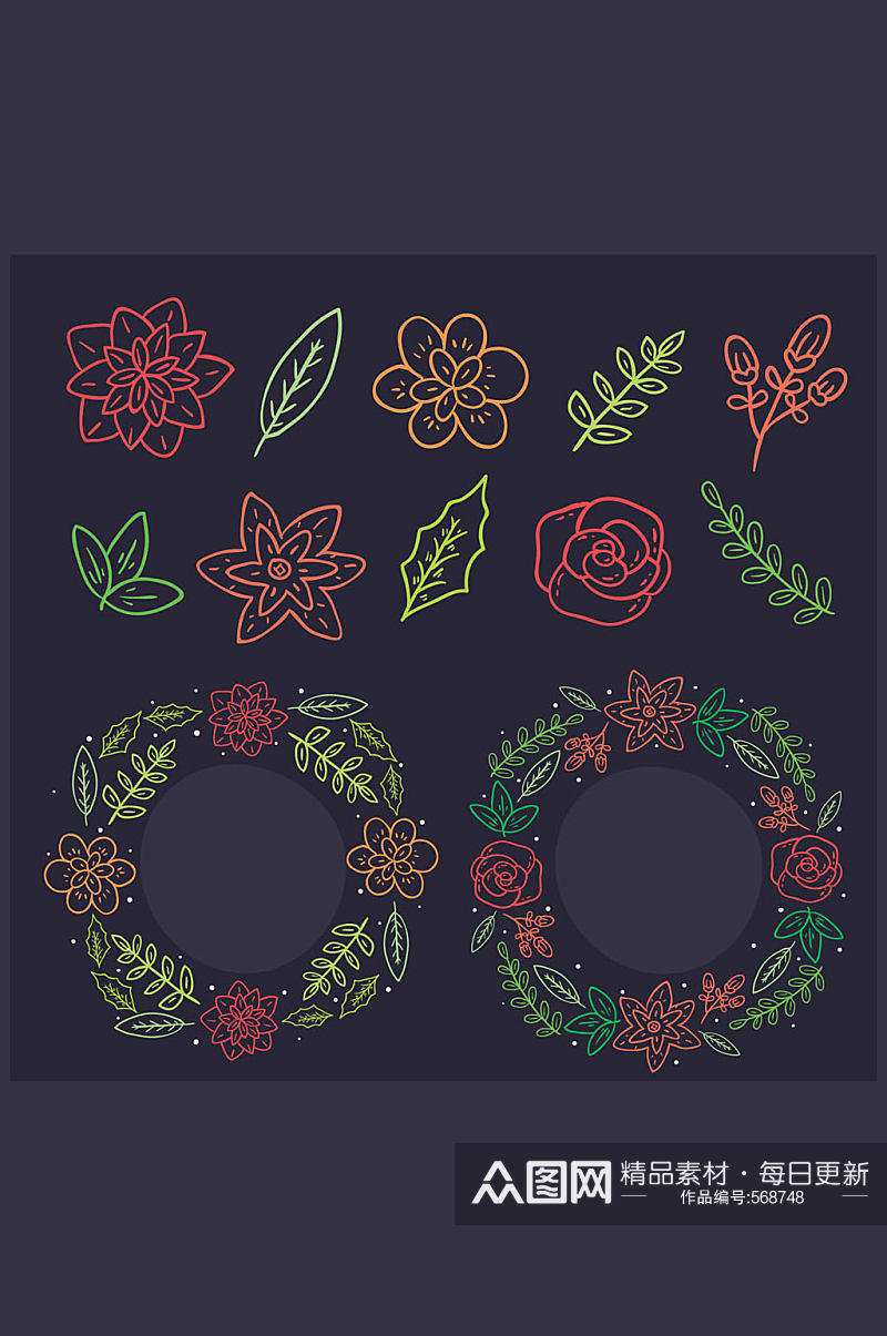 2款彩绘花环和10款植物矢量图素材