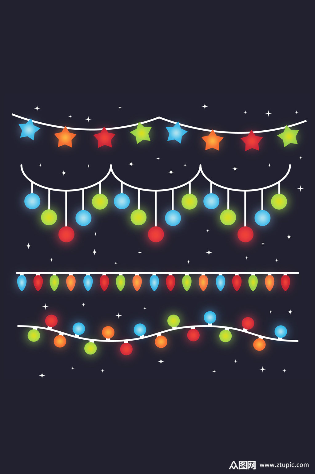 4款创意夜空中的彩灯串矢量素材