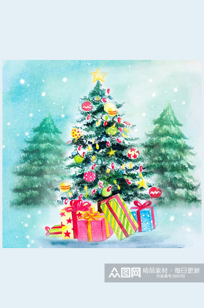 精美雪地圣诞树和礼盒矢量素材素材
