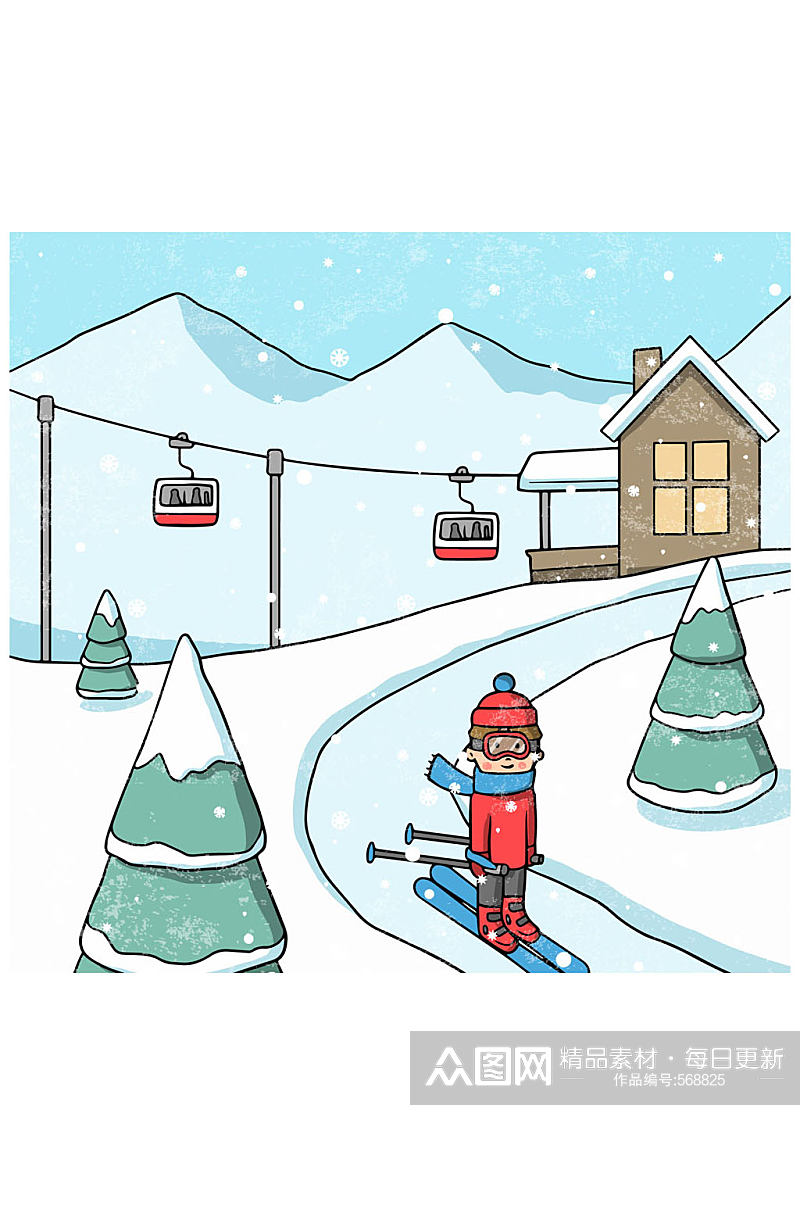 彩绘冬季滑雪场人物矢量素材素材