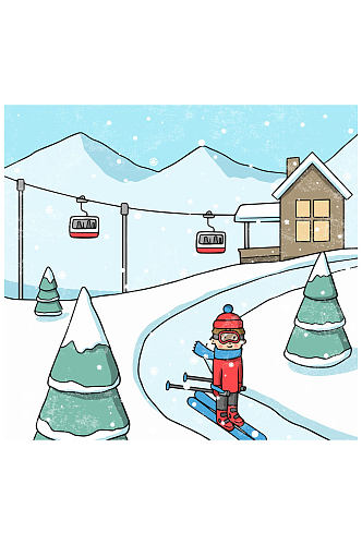 彩绘冬季滑雪场人物矢量素材