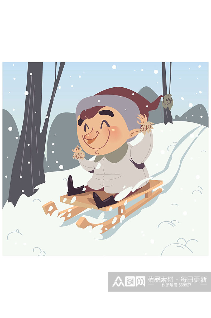 卡通坐雪橇滑雪的男孩矢量素材素材