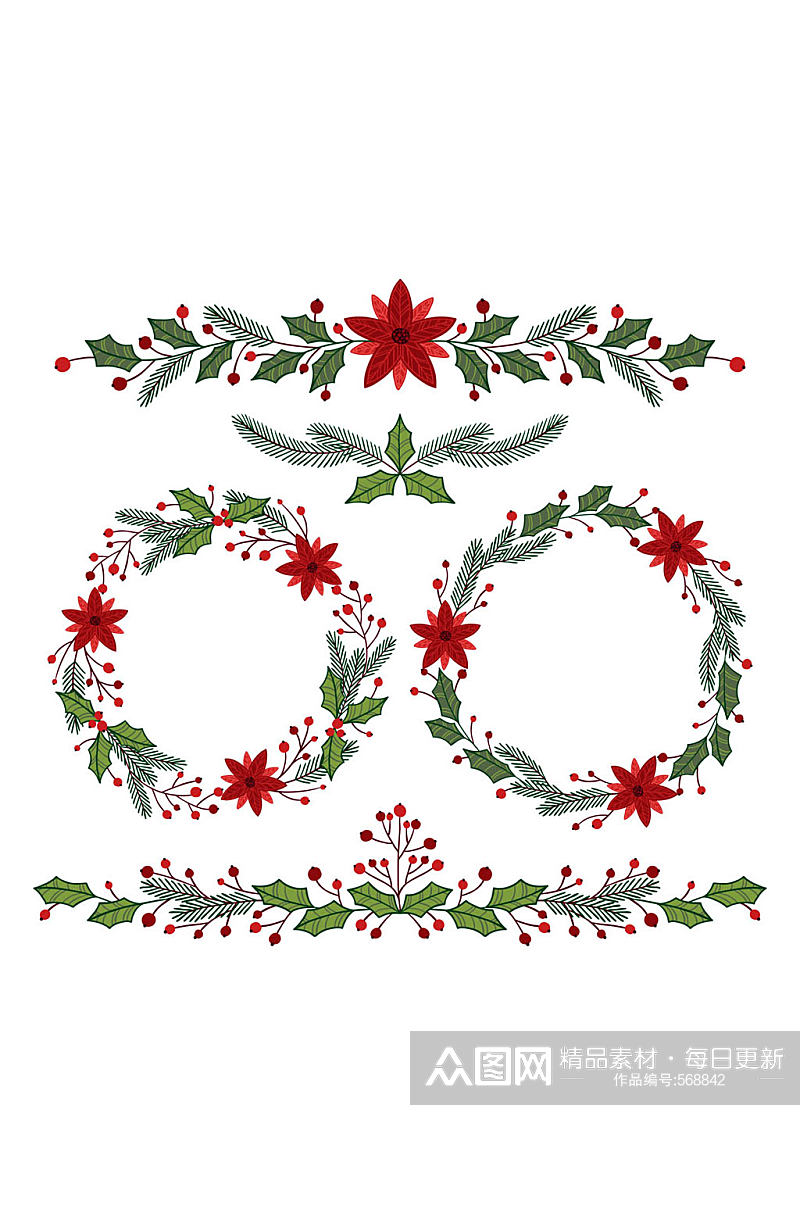5款彩绘圣诞节花边和花环矢量素材素材