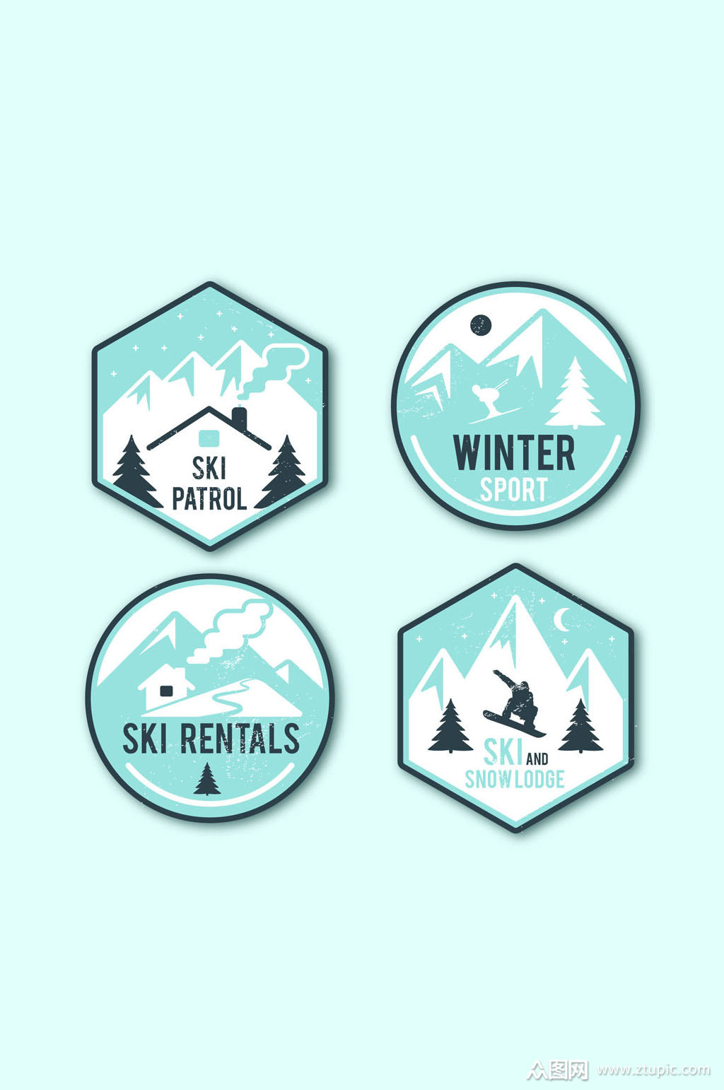 4款创意冬季滑雪标签矢量素材
