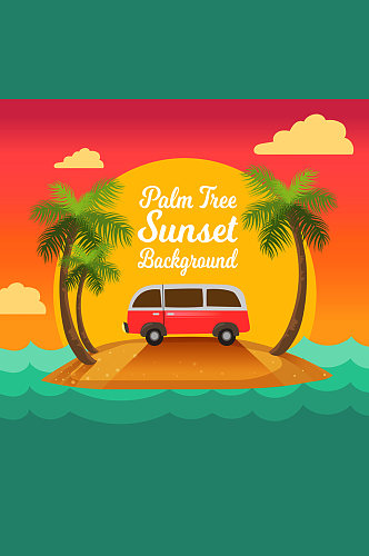 创意夕阳下的棕榈树和度假车矢量图