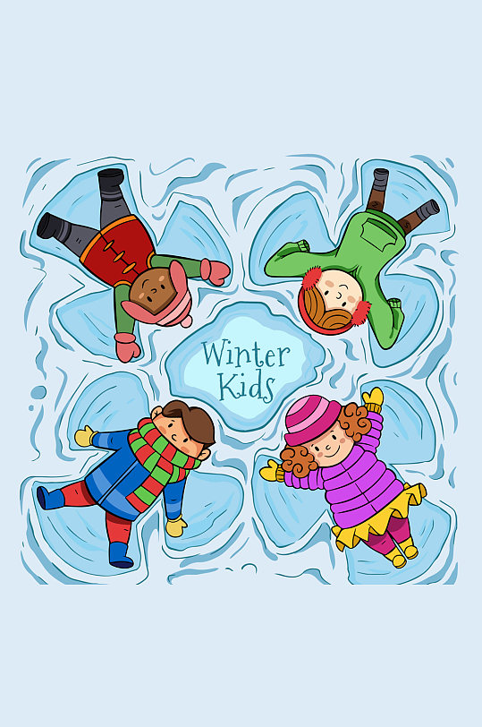 4个创意躺在雪地玩耍的儿童矢量素材