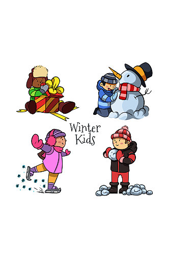 4款卡通冬季玩耍儿童矢量素材