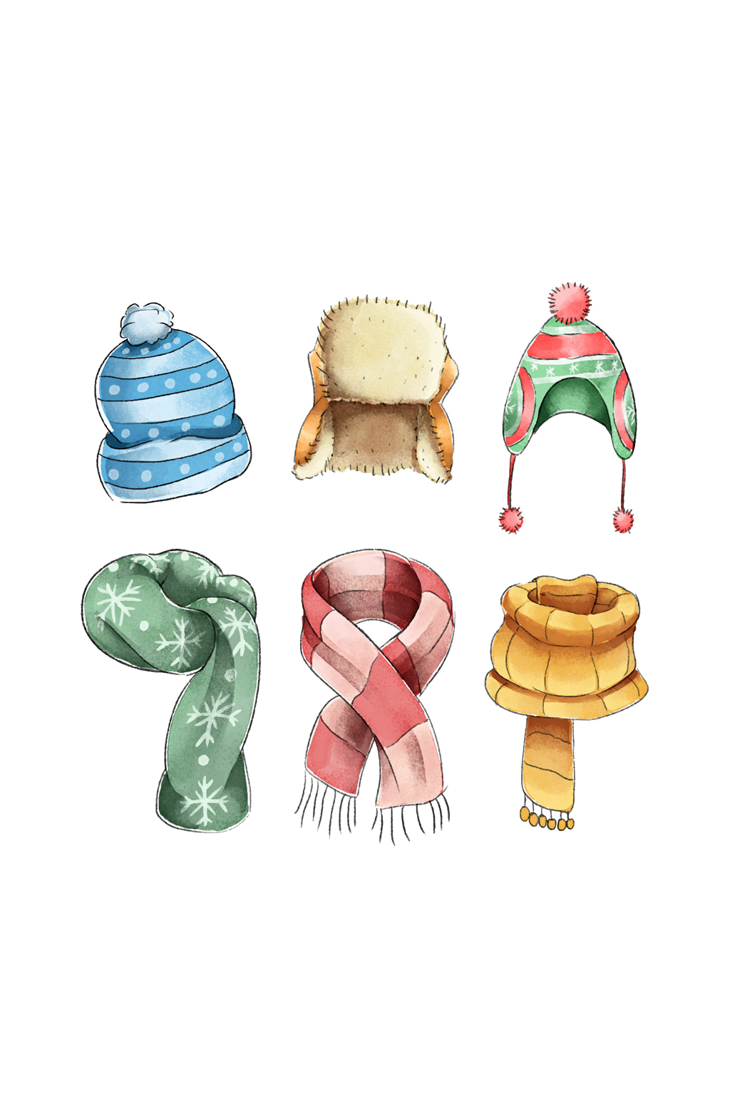 6款彩绘冬季围巾和帽子矢量图