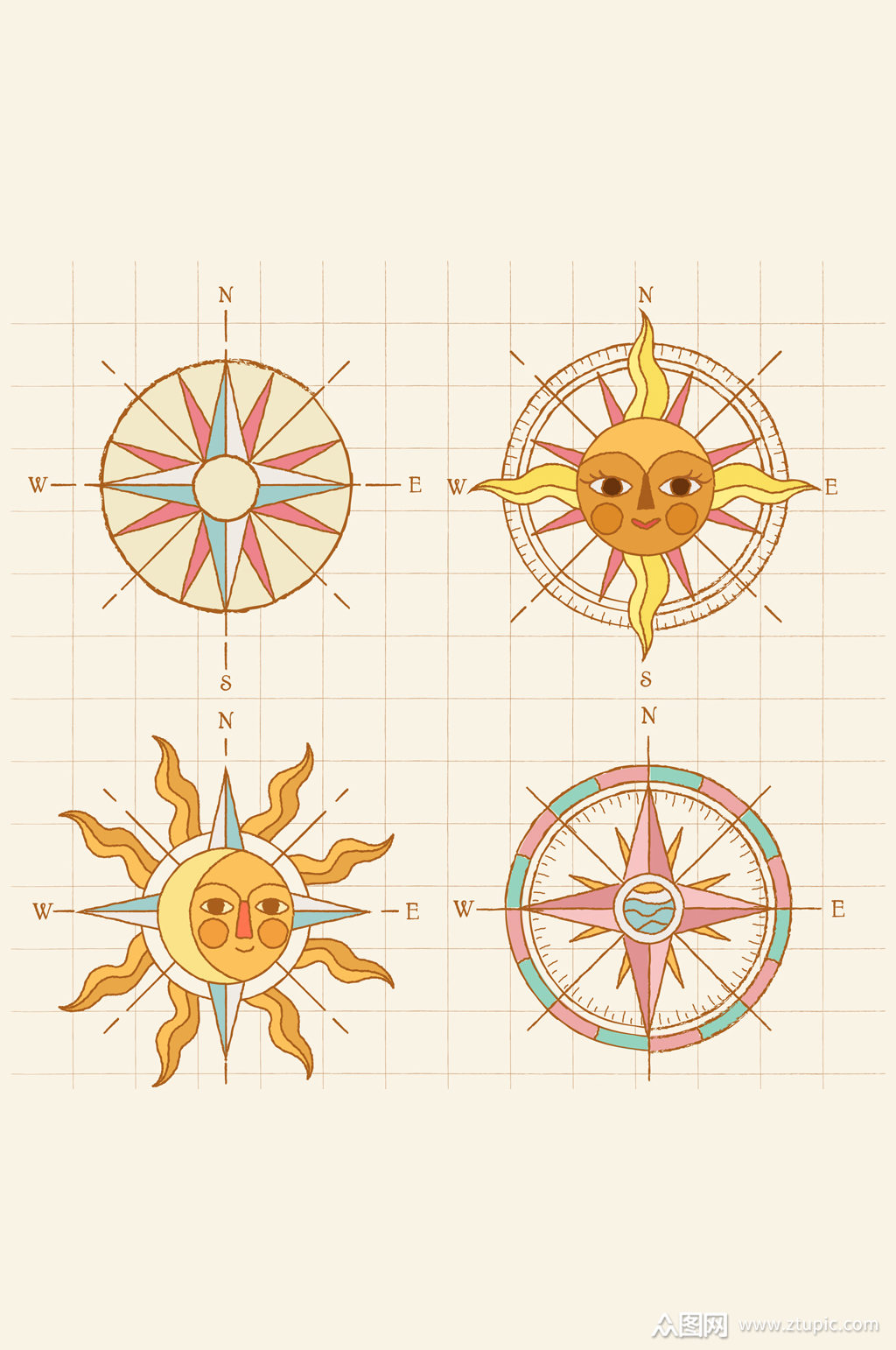4款手绘古老指南针矢量素材