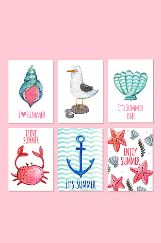 6款水彩绘夏季元素卡片矢量素材