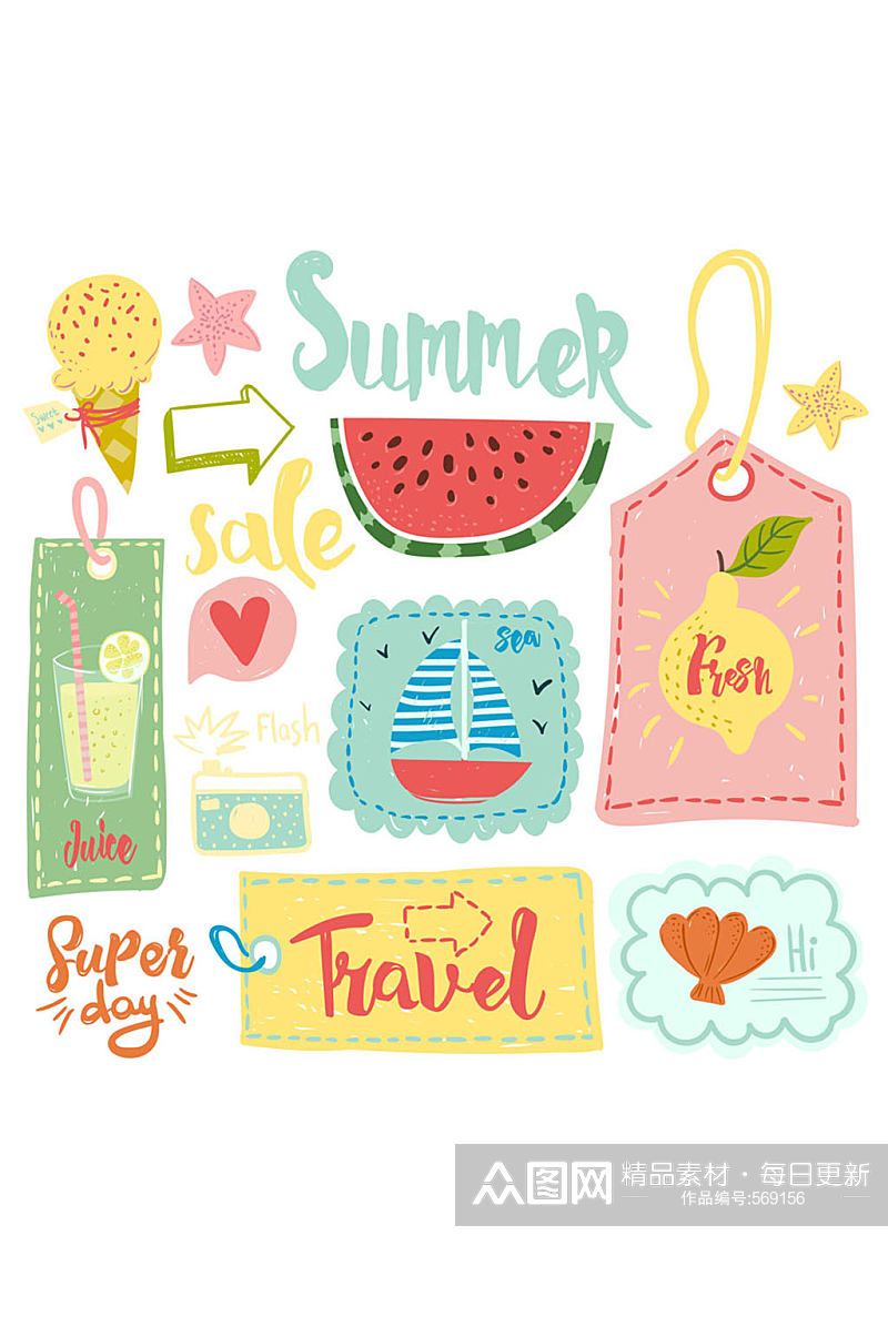 10款彩绘夏季吊牌和食物矢量素材素材