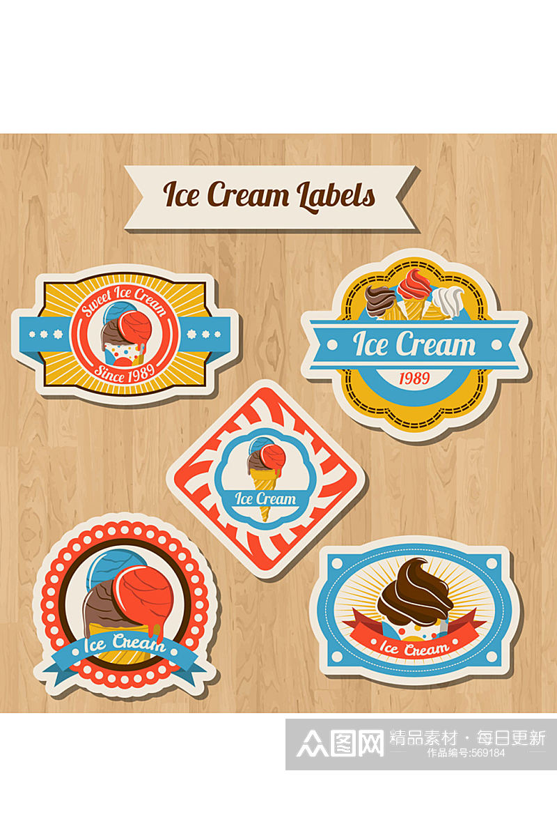 5款彩绘夏季冰淇淋标签矢量图素材