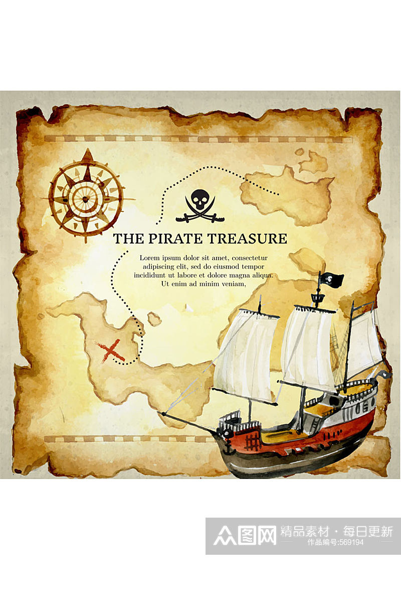 复古藏宝图和海盗船矢量图素材