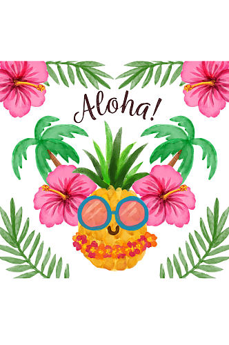 水彩绘夏威夷扶桑花和菠萝矢量图