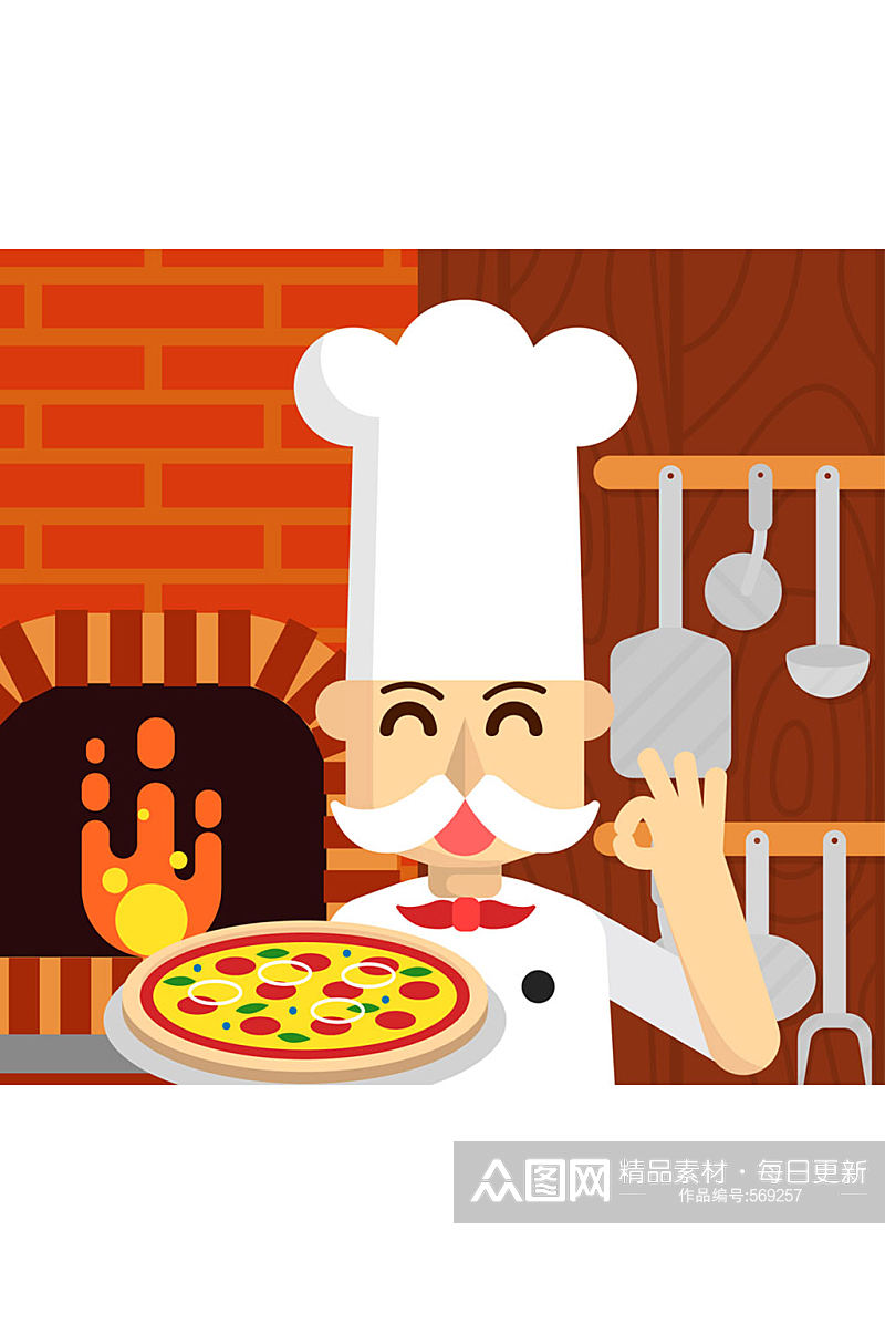 卡通笑脸端披萨的厨师矢量素材素材