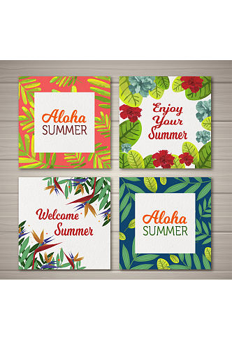 4款彩色夏威夷花卉卡片矢量素材