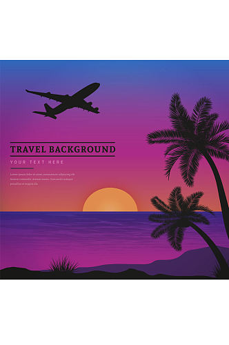 创意度假岛屿风景和飞机剪影矢量图