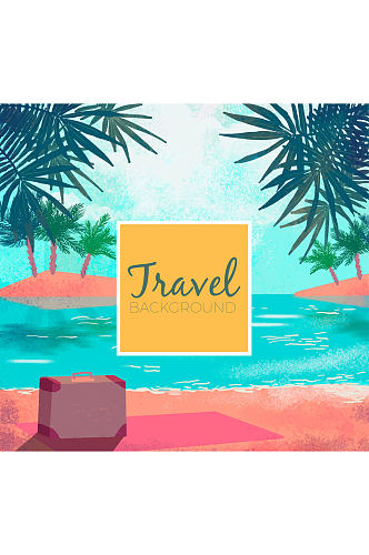 水彩绘旅行度假岛屿和行李箱风景矢量图
