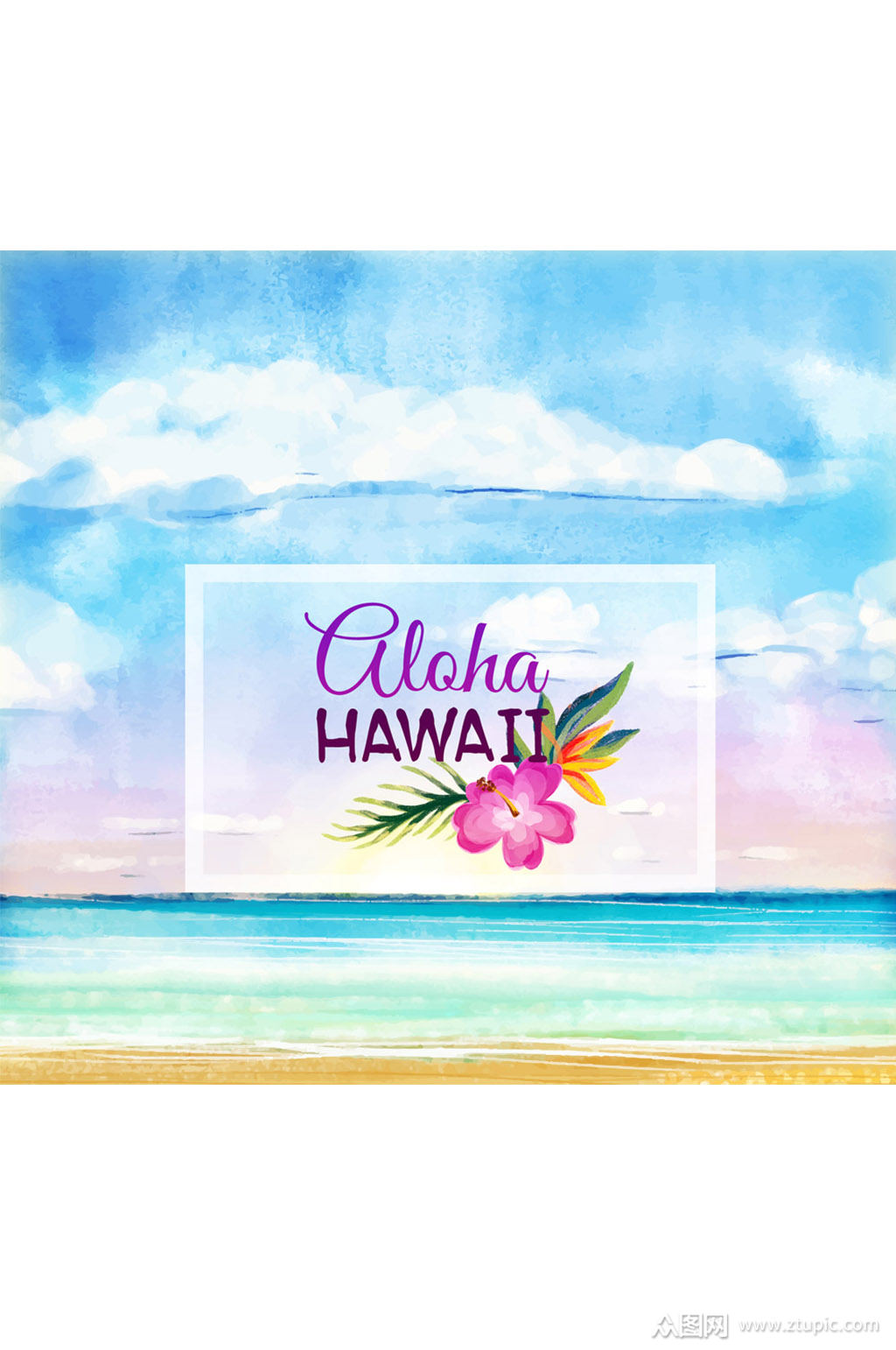 彩绘夏威夷大海和花卉矢量素材