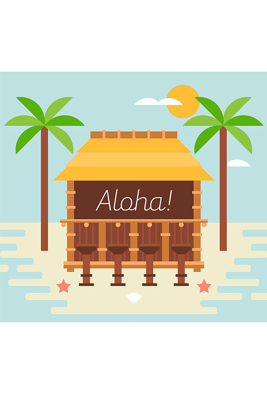 创意夏威夷海上度假木屋矢量素材